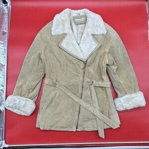 Colebrook & Co Penny Lane Size Large? Tan Suede Leather Faux Fur Trim Zip Coat